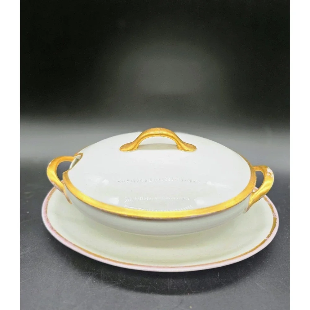 Antique UC Limoges Lidded Sauce Gravy Boat W Attached Underplate 9